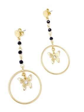 Lucky Brand Butterfly Earrings Dangle Hoops Gold with Black Beads New in Box NWT